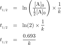  \begin{array}{rcl} t_{_{1/2}} &=& \text{ln}\left(\dfrac{[\text{A}]_0}{\frac{1}{2}[\text{A}]_0}\right) \times \dfrac{1}{k} \\[1.5em] t_{_{1/2}} &=& \text{ln}(2) \times \dfrac{1}{k} \\[1em] t_{_{1/2}} &=& \dfrac{0.693}{k} \end{array} 