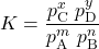 K = \dfrac{p_{\text{C}}^{x}\ p_{\text{D}}^{y}}{p_{\text{A}}^{m}\ p_{\text{B}}^{n}} 