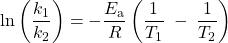 Rendered by QuickLaTeX.com \text{ln}\left(\dfrac{k_1}{k_2}\right) = -\dfrac{E_{\text{a}}}{R}\left(\dfrac{1}{T_1}\;-\;\dfrac{1}{T_2}\right)