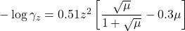  -\log \gamma_z = 0.51 z^2 \left[ \dfrac{\sqrt{\mu}}{1 + \sqrt{\mu}} - 0.3 \mu \right] 