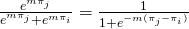 \frac{e^{m \pi_j}}{e^{m \pi_j}+e^{m \pi_i}} = \frac{1}{1+e^{-m (\pi_j - \pi_i)}}