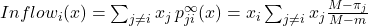 Inflow_i (x) = \sum_{j \neq i} x_j \, p^\infty_{ji}(x) = x_i  \sum_{j \neq i} x_j  \frac{ M-\pi_{j}}{M-m}