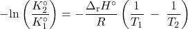  -\text{ln}\left(\dfrac{K_2^{\circ}}{K_1^{\circ}}\right) = -\dfrac{{\Delta}_{\text{r}}H^{\circ}}{R} \left(\dfrac{1}{T_1}\;-\;\dfrac{1}{T_2}\right) 