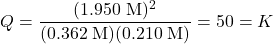  Q = \dfrac{(1.950\;\text{M})^2}{(0.362\;\text{M})(0.210\;\text{M})} = 50 = K 