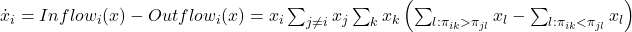 \dot{x}_i = Inflow_i (x) - Outflow_i (x) = x_i  \sum_{j \neq i} x_j \sum_k x_k \left(\sum_{l: \pi_{ik} > \pi_{jl}}  x_l  - \sum_{l: \pi_{ik}< \pi_{jl}} x_l \right)