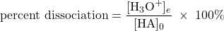  \text{percent dissociation} = \dfrac{[\text{H}_3\text{O}^{+}]_e}{[\text{HA}]_0}\;\times\;100\% 