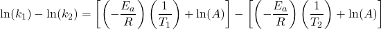  \text{ln}(k_1) - \text{ln}(k_2) = \left[\left(-\dfrac{E_a}{R}\right)\left(\dfrac{1}{T_1}\right) + \text{ln}(A)\right] - \left[\left(-\dfrac{E_a}{R}\right)\left(\dfrac{1}{T_2}\right) + \text{ln}(A)\right] 