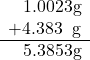 \displaystyle \begin{array}{r}1.0023 \text{g} \\ +4.383 \;\;\text{g} \\ \hline 5.3853 \text{g} \end{array}