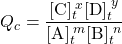  Q_c = \dfrac{[\text{C}]_t^{\;x}[\text{D}]_t^{\;y}}{[\text{A}]_t^{\;m}[\text{B}]_t^{\;n}} 