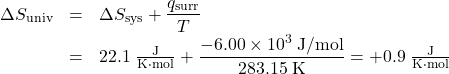  \begin{array}{rcl} {\Delta}S_{\text{univ}} &=& {\Delta}S_{\text{sys}} + \dfrac{q_{\text{surr}}}{T} \\[0.5em] &=& 22.1\;\frac{\text{J}}{\text{K·mol}} + \dfrac{-6.00 \times 10^3\;\text{J/mol}}{283.15\;\text{K}} = +0.9\;\frac{\text{J}}{\text{K·mol}} \end{array} 