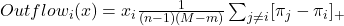 Outflow_i (x) = x_i \frac{1}{(n-1)(M-m)} \sum_{j \neq i}  [\pi_{j} - \pi_{i}]_+