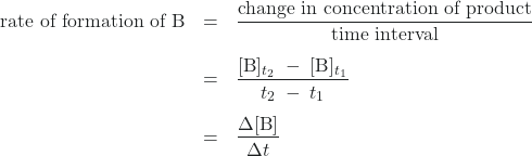  \displaystyle\begin{array}{rcl} \text{rate of formation of B} &= & \dfrac{\text{change in concentration of product}}{\text{time interval}} \\[1.2em] &= & \dfrac{[\text{B}]_{t_2}\;-\;[\text{B}]_{t_1}}{t_2\;-\;t_1} \\[1.2em] &= & \dfrac{{\Delta}[\text{B}]}{{\Delta}t} \end{array} 