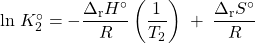 Rendered by QuickLaTeX.com \text{ln}\;K_2^{\circ} = -\dfrac{{\Delta}_{\text{r}}H^{\circ}}{R}\left(\dfrac{1}{T_2}\right)\;+\;\dfrac{{\Delta}_{\text{r}}S^{\circ}}{R}