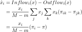 \begin{align*} \dot{x}_i &= Inflow_i (x) - Outflow_i (x) \\ &= \frac{x_i}{M-m} \sum_{j} x_j \sum_k x_k  (\pi_{ik}-\pi_{jk}) \\ &= \frac{x_i}{M-m}   (\pi_i - \pi)\end{align*}