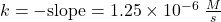   k = -\text{slope} = 1.25 \times 10^{-6}\;\frac{M}{s} 