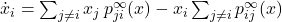 \dot{x}_i = \sum_{j \neq i} x_j \, p^\infty_{ji}(x) - x_i \sum_{j \neq i} p^\infty_{ij}(x)