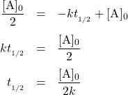  \begin{array}{rcl} \dfrac{[\text{A}]_0}{2} & = & -kt_{_{1/2}} + [\text{A}]_0 \\[1em] kt_{_{1/2}} &=& \dfrac{[\text{A}]_0}{2} \\[1em] t_{_{1/2}} &=& \dfrac{[\text{A}]_0}{2k} \end{array} 