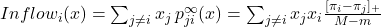 Inflow_i (x) = \sum_{j \neq i} x_j \, p^\infty_{ji}(x) = \sum_{j \neq i} x_j x_i  \frac{ [\pi_{i}-\pi_{j}]_+}{M-m}