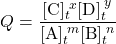  Q = \dfrac{[\text{C}]_t^{\;x}[\text{D}]_t^{\;y}}{[\text{A}]_t^{\;m}[\text{B}]_t^{\;n}} 