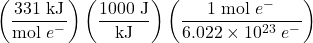  \left(\dfrac{331\;\text{kJ}}{\text{mol}\ e^{-}}\right) \left(\dfrac{1000\;\text{J}}{\text{kJ}}\right) \left(\dfrac{1\;\text{mol}\ e^{-}}{6.022 \times 10^{23}\;e^{-}}\right)