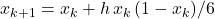 x_{k+1} = x_k + h\, x_k \, (1 - x_k) / 6