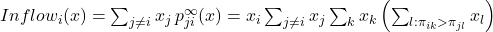 Inflow_i (x) = \sum_{j \neq i} x_j \, p^\infty_{ji}(x) = x_i \sum_{j \neq i} x_j \sum_k x_k \left(\sum_{l: \pi_{ik} > \pi_{jl}}  x_l\right)