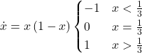 \dot{x} = x \, (1-x)\begin{cases} -1 & x < \frac{1}{3} \\ 0 & x = \frac13 \\ 1 & x > \frac13 \end{cases}