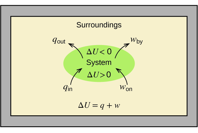 A rectangular diagram is shown. A green oval lies in the center of a tan field inside of a gray box. The tan field is labeled “Surroundings” and the equation “Δ U = q + w” is written at the bottom of the diagram. Two arrows face into the green oval and are labeled “q subscript in” and “w subscript on” while two more arrows face away from the oval and are labeled “q subscript out” and “w subscript by.” The center of the oval contains the terms “Δ U > 0”, “System,” and “Δ U < 0.”