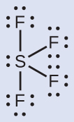 A Lewis diagram depicts a sulfur atom with one lone pair of electrons single bonded to four fluorine atoms, each with three lone pairs of electrons.