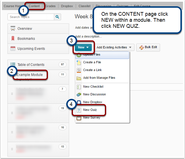 Building a Quiz from the Content Section