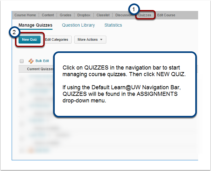 Building a Quiz from the Manage Quizzes Page - 1st step
