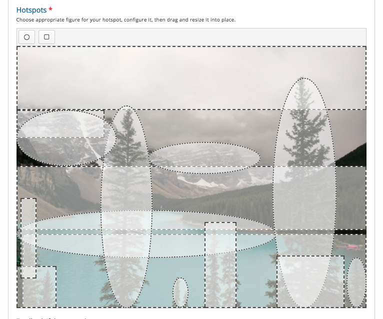 an image of trees, mountains, and a river with multiple, overlapping, translucent ellipses and rectangles indicating the areas where a participant could click to receive feedback about the object they have identified with their cursor