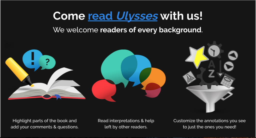 Screenshot of Amanda Visconti's project homepage. The main text feature reads "Come read Ulysses with us! We welcome readers of every background."