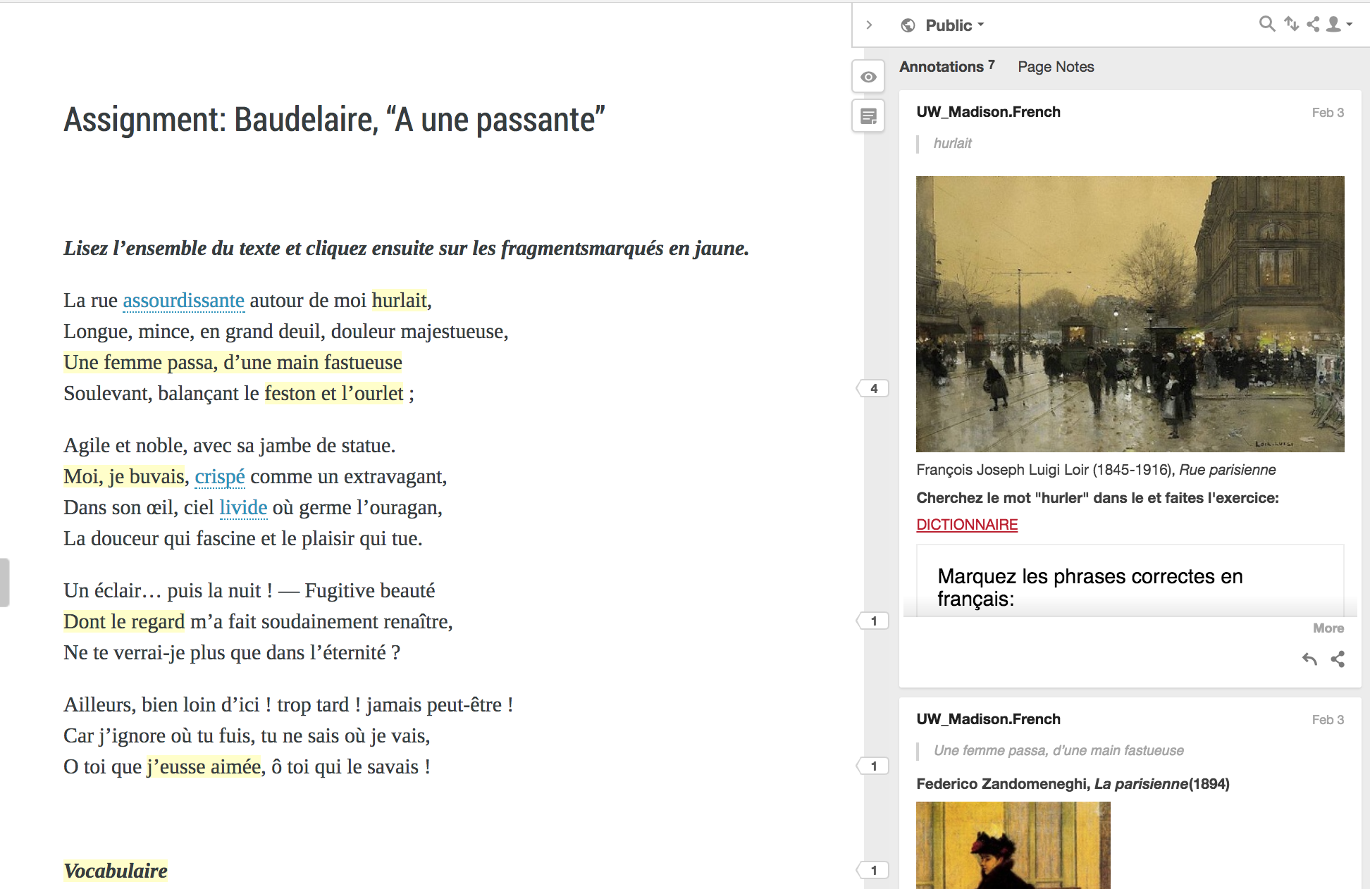 Image of a Pressbook created for the UW French department (link in text). There is a Hypothesis annotation pane activated on the right.