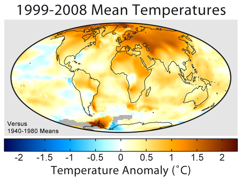 Map of global warming from 1999-2008 showing warming over land masses of between 0 and 2 degrees.