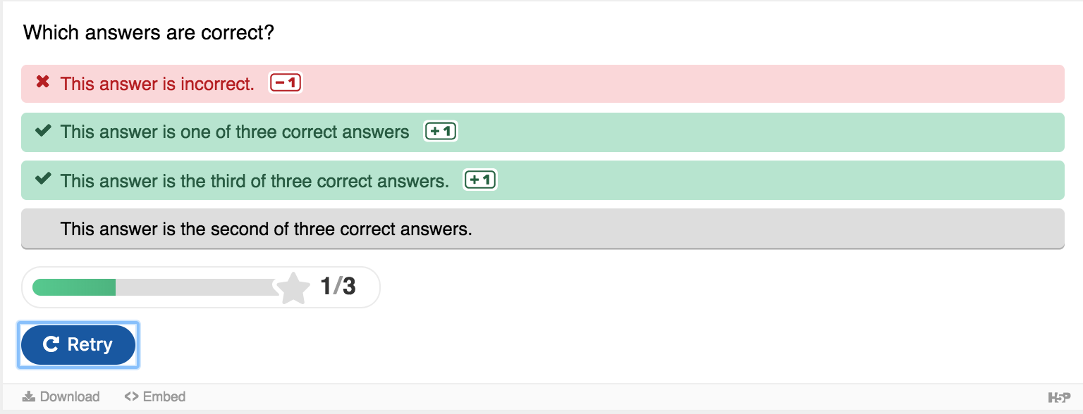 image of a quiz question that has three correct answers; this user has chosen two correct answers and a third incorrect answer. The score they receive is 2 of 3, and the incorrect answer is highlighted in red on their screen
