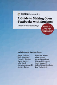 "open textbooks with students" cover image featuring title, blue background, and list of contributors