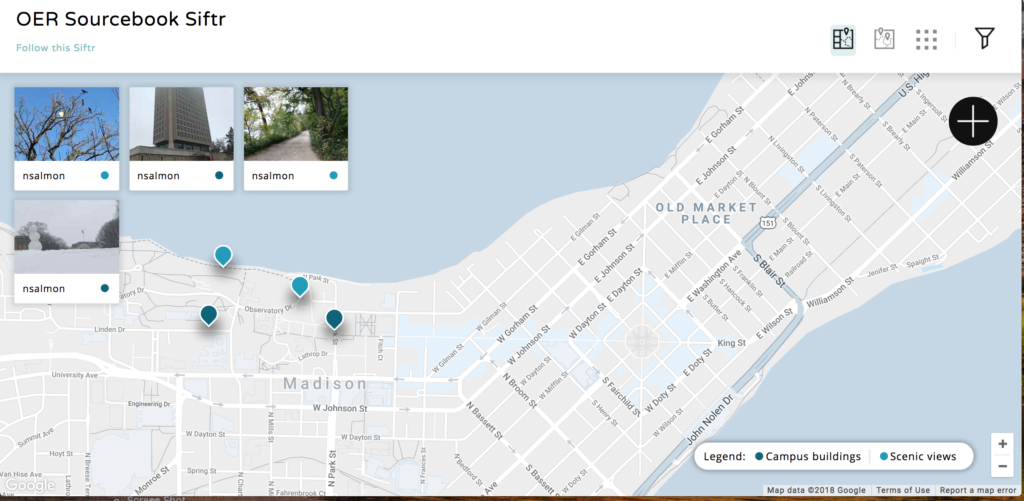 image of Siftr map of the Madison isthmus with four content markers near Bascom hill