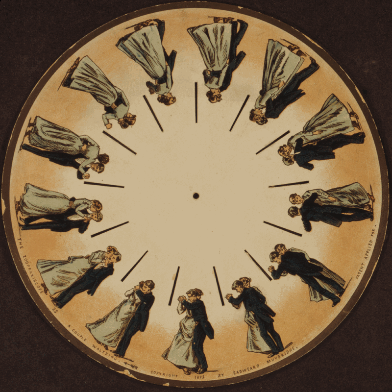 Moving image of a Victorian man and woman dancing (animation crated by the rotation of an illustrated disk with a series of still images around the edges)