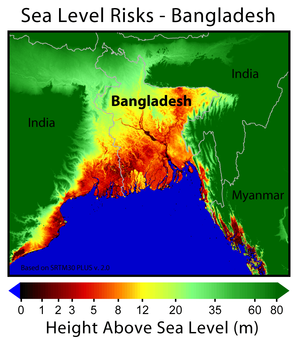 Map of high flood risk from climate change in Bangladesh