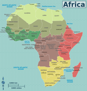 A map of Africa with the different regions of the continent highlighted in different colors.