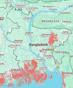 Map of expected sea level rise in Bangladesh.