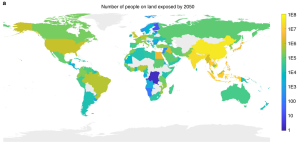 A map of the world showing the number of people expected to be affected by sea level rise in each country by 2050. Southeast Asia is predicted to see the highest number of people impacted.