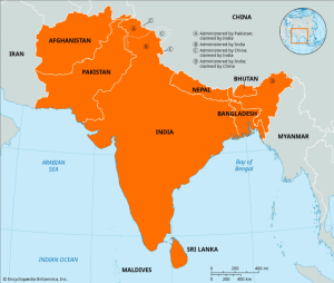 A map depicting South Asia (Afghanistan, Pakistan, India, Nepal, Bangladesh, and Bhutan).