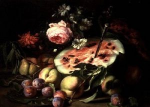 RAF63544 Still Life with a Water Melon by Brueghel, Abraham (1631-90)