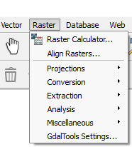 Screenshot of primary raster toolbar in QGIS.