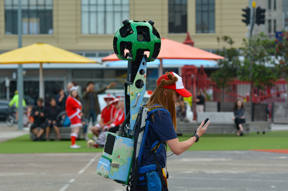 Google Street View camera operator at work. It’s a technology featured in Google Maps and Google Earth that provides panoramic views from positions along streets in the world.