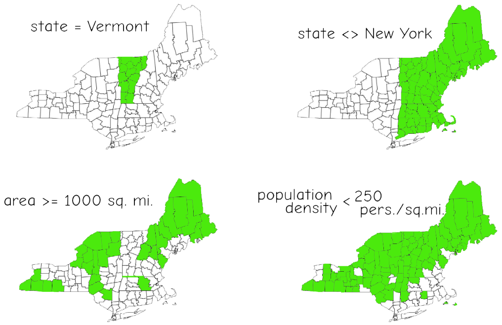 Counties in the northeastern US selected with set algebra. From Bolstad 2016 fig. 9-6, recolored for illustration