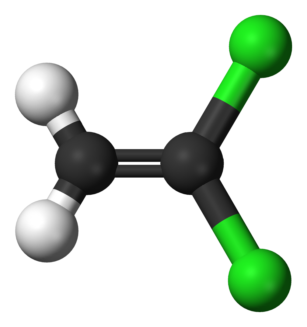 a molecule is shown that has two white spheres attached to a black sphere. The black sphere is then attached to another black sphere. The second black sphere is attached to two green spheres.