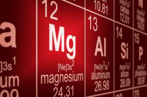 Detail of a partially blurred periodic table of the elements. Focus on magnesium